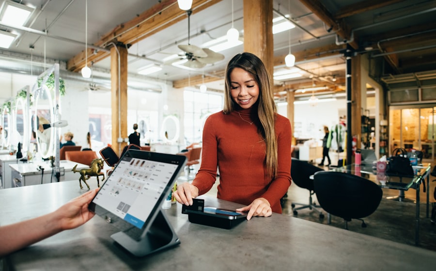 Customer paying at a MidPay standing POS terminal