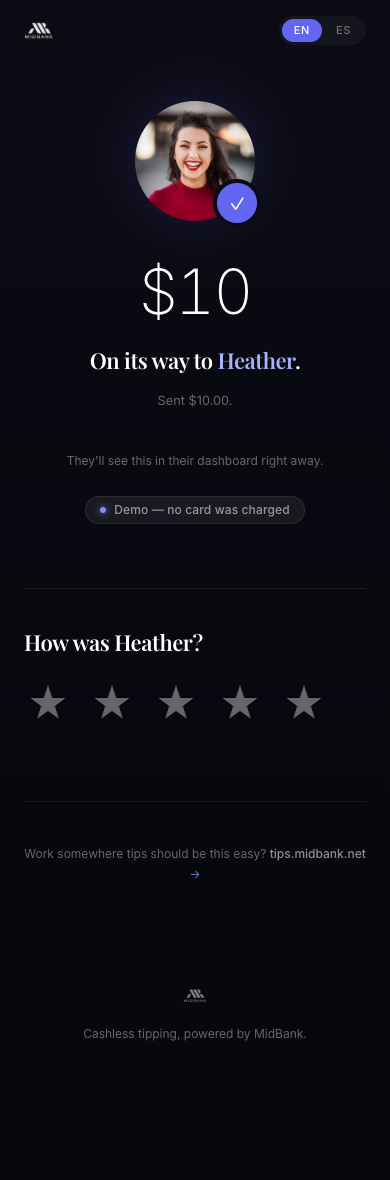 A thank-you and rating screen after paying a tip
