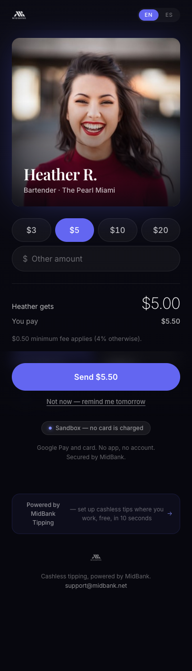 A guest tip page with amount chips and fee math